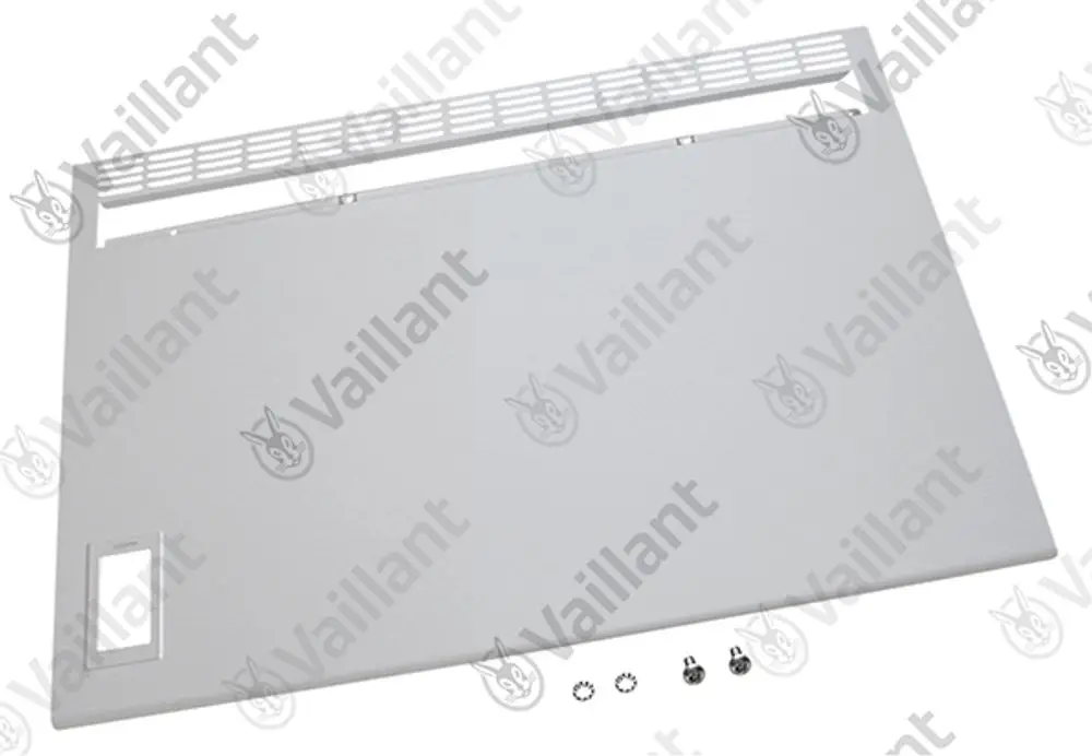 Vaillant Frontblech in Grau mit Lüftungsgitter oben und Ausschnitt unten; Zubehörteile wie Schrauben und Unterlegscheiben sind im Bild enthalten.